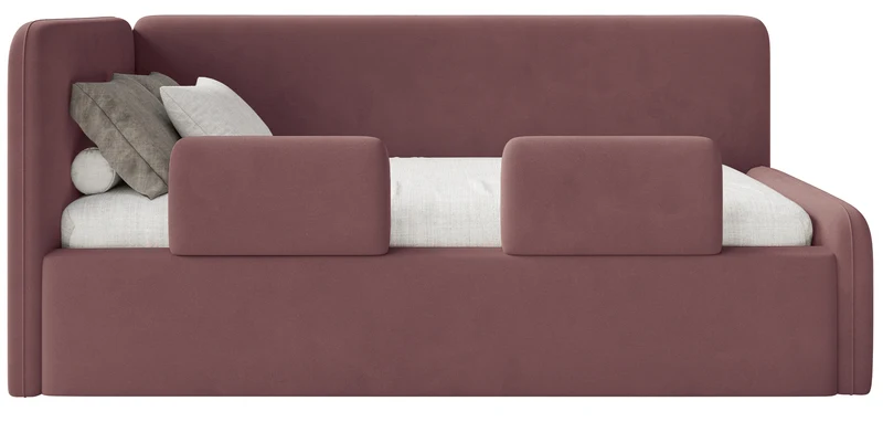 Jugendbett 120x200 cm Fanklo linksseitig mit Matratze, Stauraum und Geländern, rosa Velours, wasserabweisend und leicht zu reinigen