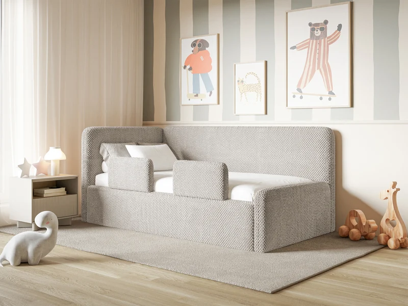 Jugendbett 120x200 cm Fanklo linksseitig mit Stauraum und Geländern, grau-beiges Plüsch, wasserabweisend