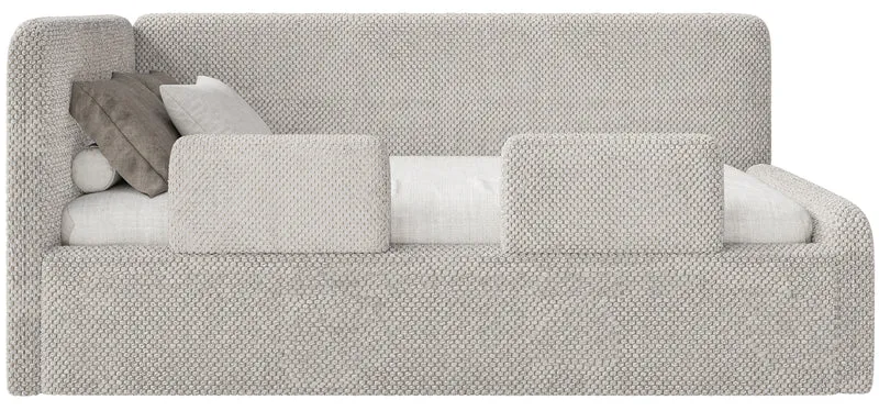 Jugendbett 120x200 cm Fanklo linksseitig mit Stauraum und Geländern, grau-beiges Plüsch, wasserabweisend