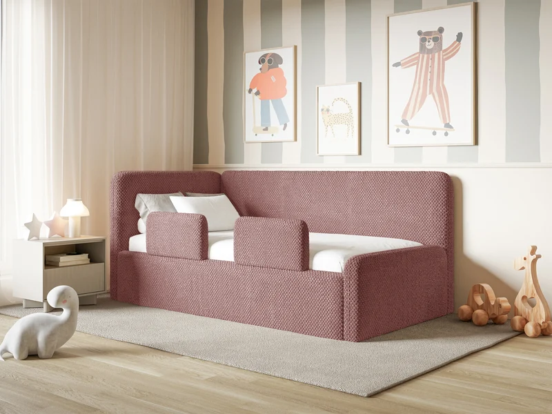 Jugendbett 120x200 cm Fanklo linksseitig mit Stauraum und Geländern, rosa Plüsch, wasserabweisend