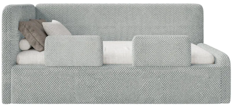 Jugendbett 120x200 cm Fanklo linksseitig mit Matratze, Stauraum und grauen Plüsch-Hydrophob-Seitenleisten