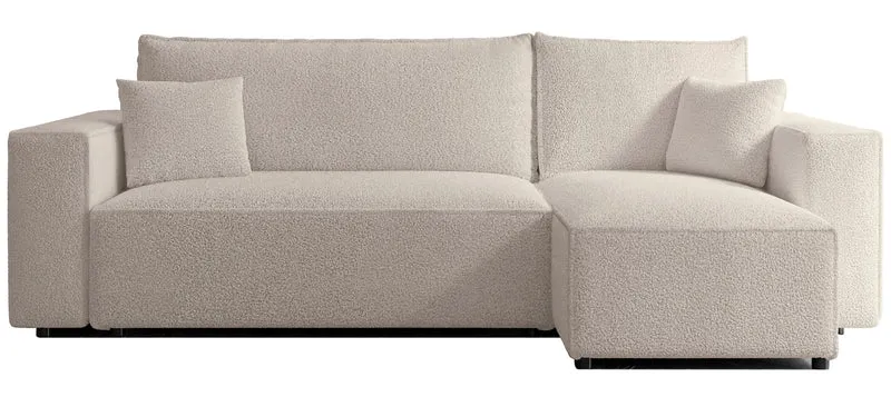 Ecksofa mit Schlaffunktion Scarlo, L-förmig, universell, mit Stauraum, hellbeiger Bouclé-Stoff