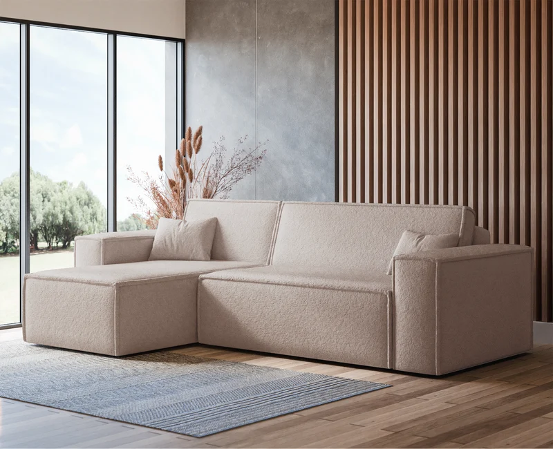 Ecksofa mit Schlaffunktion Scarlo, L-förmig, universell, mit Stauraum, hellbeiger Bouclé-Stoff