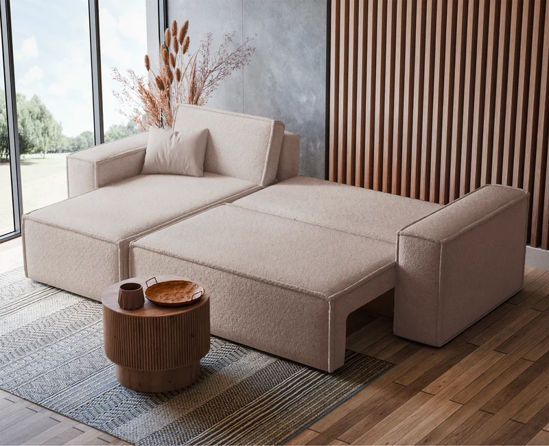 Ecksofa mit Schlaffunktion Scarlo, L-förmig, universell, mit Stauraum, hellbeiger Bouclé-Stoff