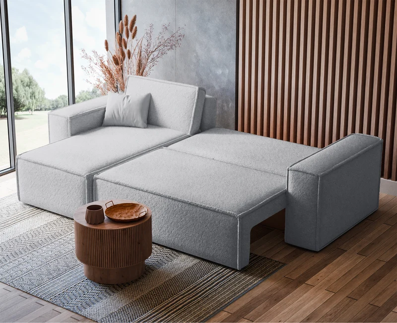 Ecksofa mit Schlafunktion Scarlo, L-förmig, universell, mit Stauraum, hellgrauer Bouclé-Stoff