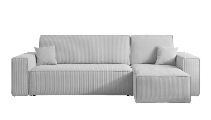Ecksofa mit Schlaffunktion Scarlo, L-förmig, mit Stauraum, universell, hellgrauer Cordstoff