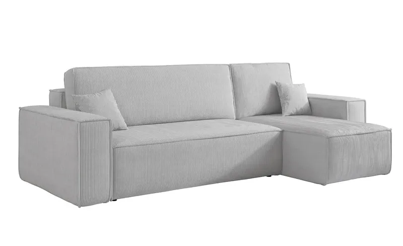 Ecksofa mit Schlaffunktion Scarlo, L-förmig, mit Stauraum, universell, hellgrauer Cordstoff