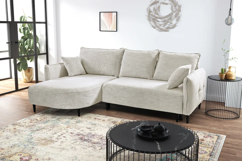 Ecksofa mit Schlaffunktion Oblivio mini, L-förmig, linksseitig, mit Stauraum, beige Geflecht