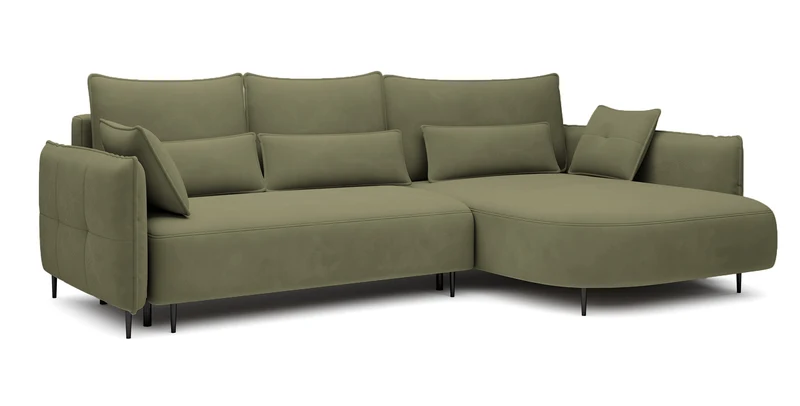 Ecksofa Oblivio mit Schlaf-Funktion, L-förmig, mit Stauraum, olivgrüner Samt, rechtsseitig, wasserabweisend