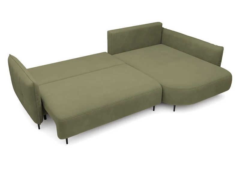 Ecksofa Oblivio mit Schlaf-Funktion, L-förmig, mit Stauraum, olivgrüner Samt, rechtsseitig, wasserabweisend