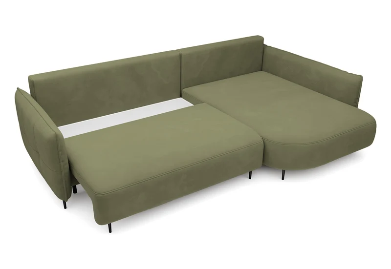 Ecksofa Oblivio mit Schlaf-Funktion, L-förmig, mit Stauraum, olivgrüner Samt, rechtsseitig, wasserabweisend