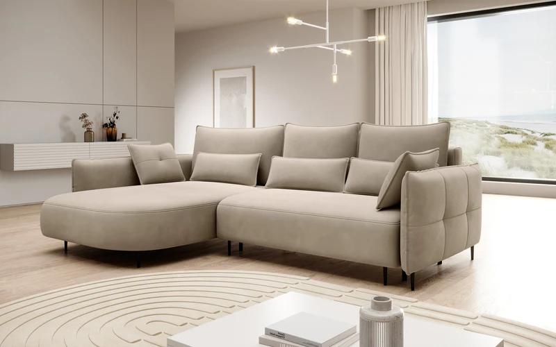Ecksofa Oblivio mit Schlaffunktion, L-förmig, mit Stauraum, hellbeiger Samt, linksseitig, wasserabweisend