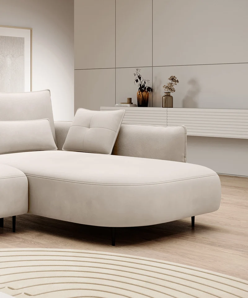 Ecksofa Oblivio mit Schlaffunktion, L-förmig, mit Stauraum, cremefarbener Samt, rechtsseitig, wasserabweisend