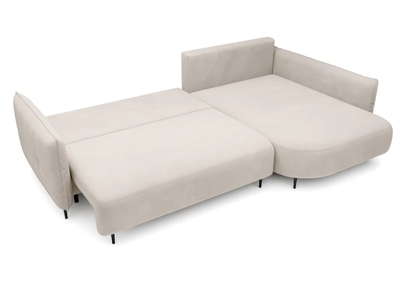 Ecksofa Oblivio mit Schlaffunktion, L-förmig, mit Stauraum, cremefarbener Samt, rechtsseitig, wasserabweisend
