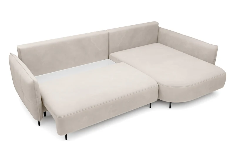 Ecksofa Oblivio mit Schlaffunktion, L-förmig, mit Stauraum, cremefarbener Samt, rechtsseitig, wasserabweisend