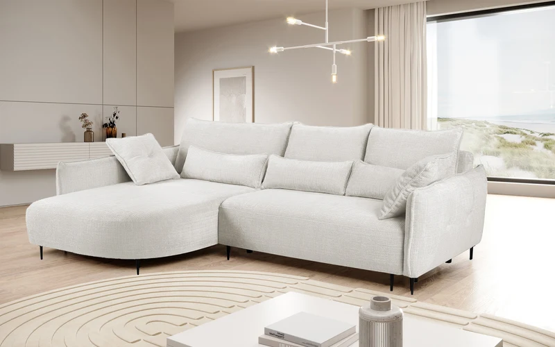 Ecksofa Oblivio mit Schlaffunktion, L-förmig, mit Stauraum, cremefarbener Chenille, linksseitig