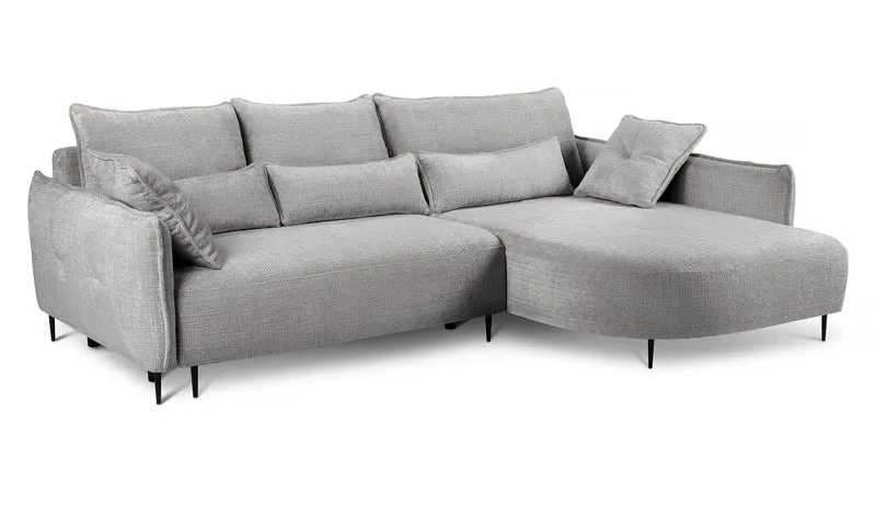 Ecksofa Oblivio mit Schlaffunktion, L-förmig, mit Stauraum, grauer Chenille-Stoff, rechtsseitig