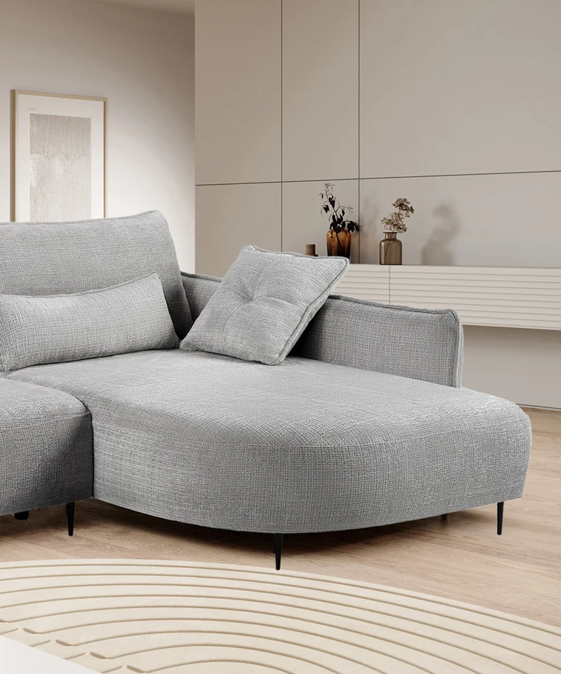 Ecksofa Oblivio mit Schlaffunktion, L-förmig, mit Stauraum, grauer Chenille-Stoff, rechtsseitig