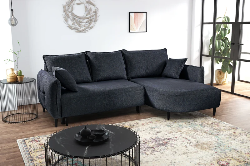 Ecksofa mit Schlaffunktion Oblivio Mini, L-förmig, rechtsseitig, mit Stauraum, marineblaues Geflecht