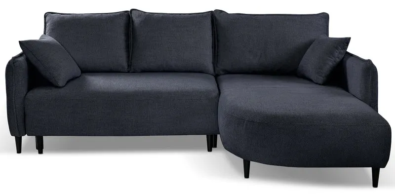 Ecksofa mit Schlaffunktion Oblivio Mini, L-förmig, rechtsseitig, mit Stauraum, marineblaues Geflecht