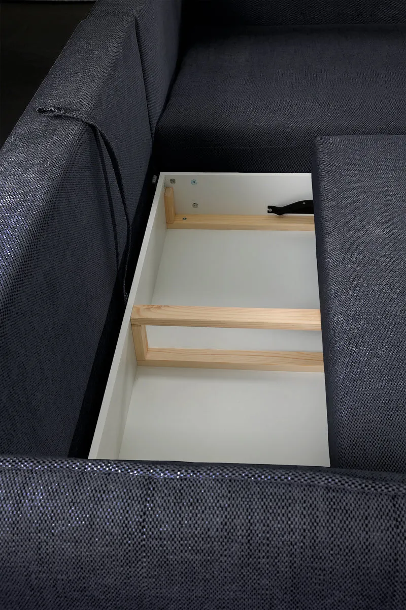 Ecksofa mit Schlaffunktion Oblivio Mini, L-förmig, rechtsseitig, mit Stauraum, marineblaues Geflecht