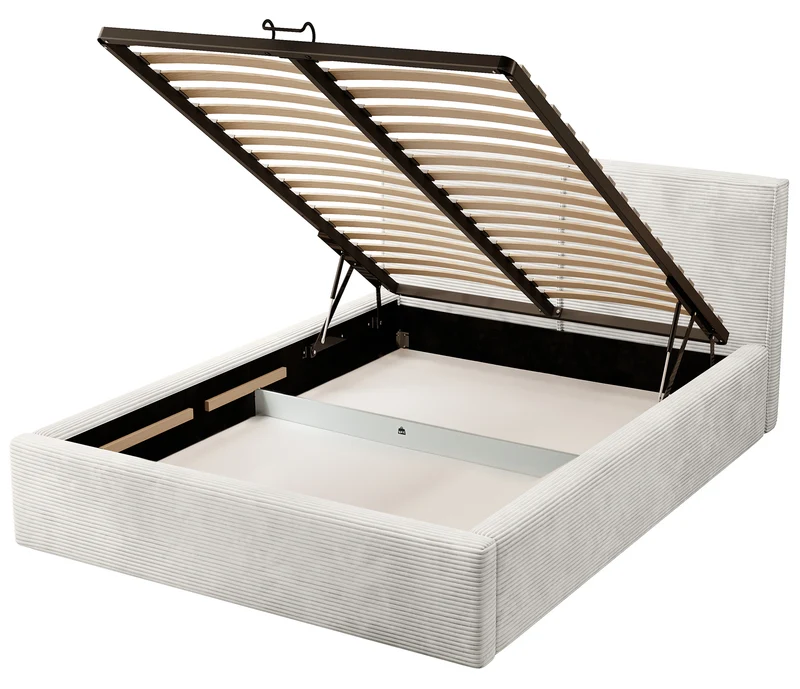 Gepolstertes Bett 180x200 cm Farese mit Stauraum und Gasdruckfeder, grau-beige Cordstoff