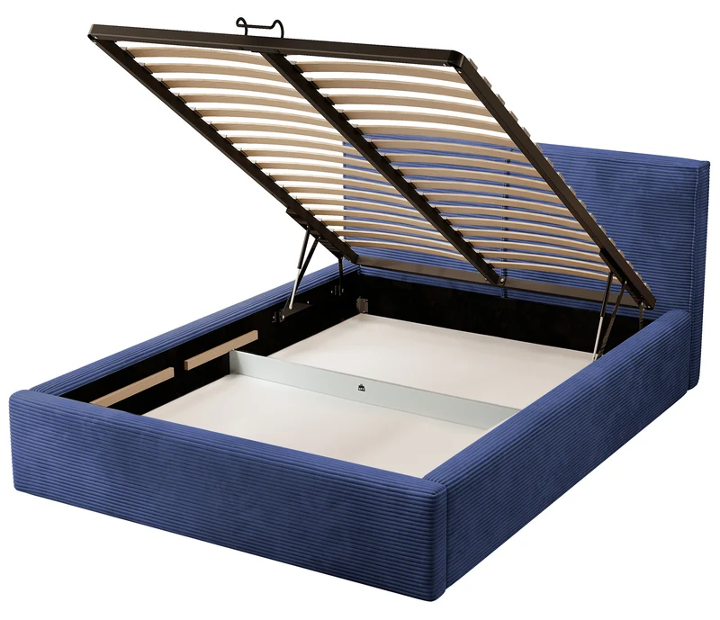 Gepolstertes Bett 140x200 cm Farese mit Stauraum und Gasdruckfeder, dunkelblauer Cord