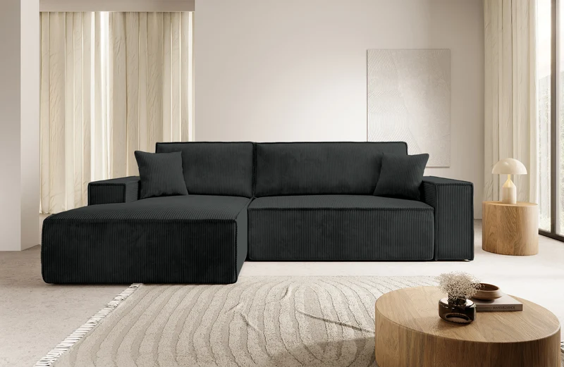 Ecksofa mit Schlaffunktion Farese New, L-förmig, mit Stauraum, schwarzer Cord, linksseitig