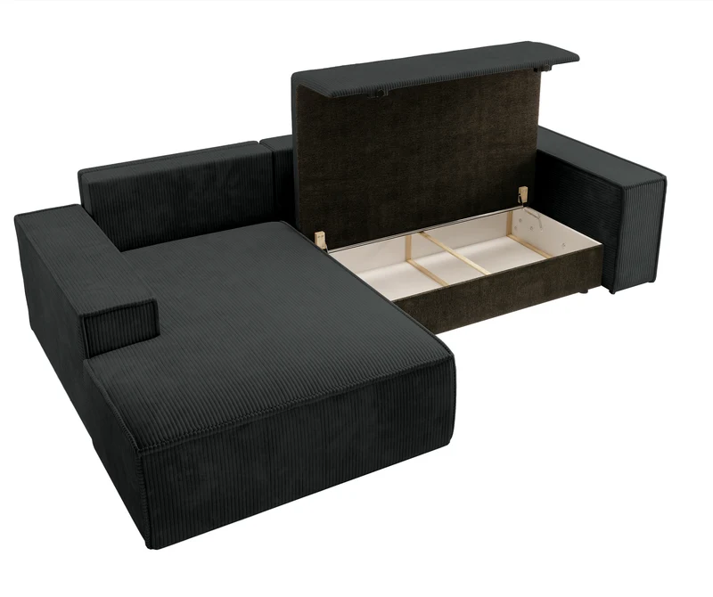 Ecksofa mit Schlaffunktion Farese New, L-förmig, mit Stauraum, schwarzer Cord, linksseitig