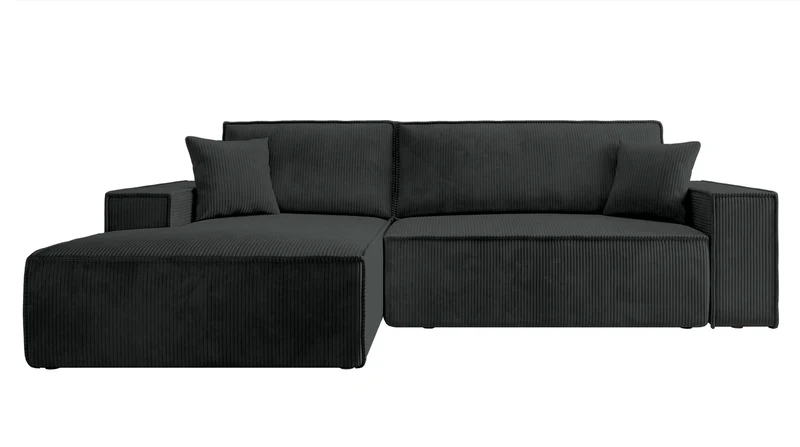 Ecksofa mit Schlaffunktion Farese New, L-förmig, mit Stauraum, schwarzer Cord, linksseitig