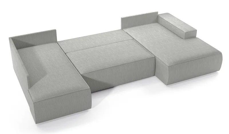 Ecksofa mit Schlaffunktion Farese New U-förmig mit Stauraum, rechtsseitig, hellgrauer Cordstoff