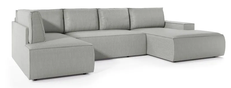Ecksofa mit Schlaffunktion Farese New U-förmig mit Stauraum, rechtsseitig, hellgrauer Cordstoff
