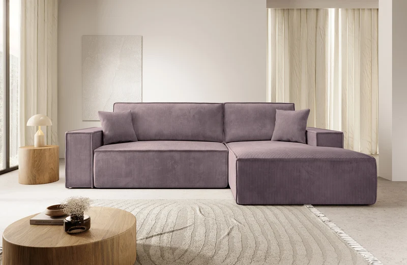 Ecksofa mit Schlaffunktion Farese New L-förmig mit Stauraum, rosa Cord, rechtsseitig