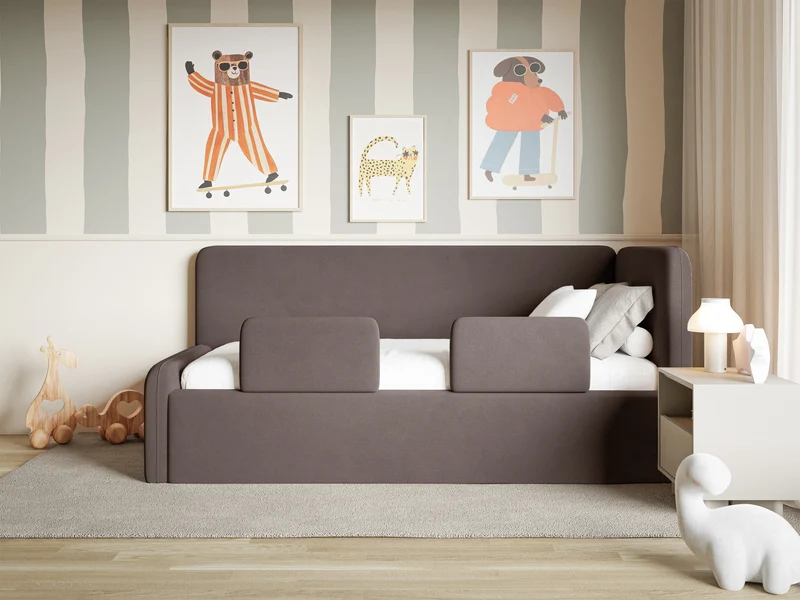 Jugendbett 120x200 cm Fanklo rechtsseitig mit Matratze, Stauraum und Geländern, brauner Velours, wasserabweisend und pflegeleicht