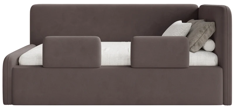 Jugendbett 120x200 cm Fanklo rechtsseitig mit Matratze, Stauraum und Geländern, brauner Velours, wasserabweisend und pflegeleicht