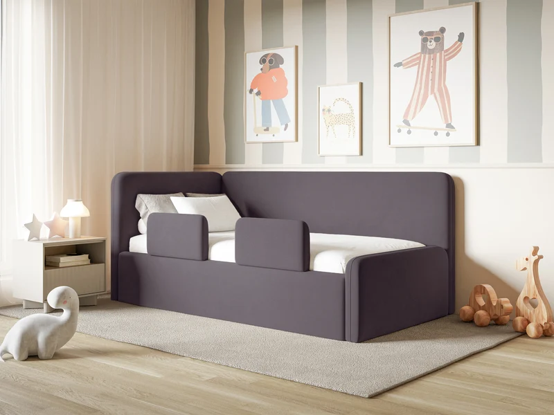 Jugendbett 120x200 cm Fanklo linksseitig mit Matratze, Stauraum und Geländern, violetter Velours, wasserabweisend und leicht zu reinigen