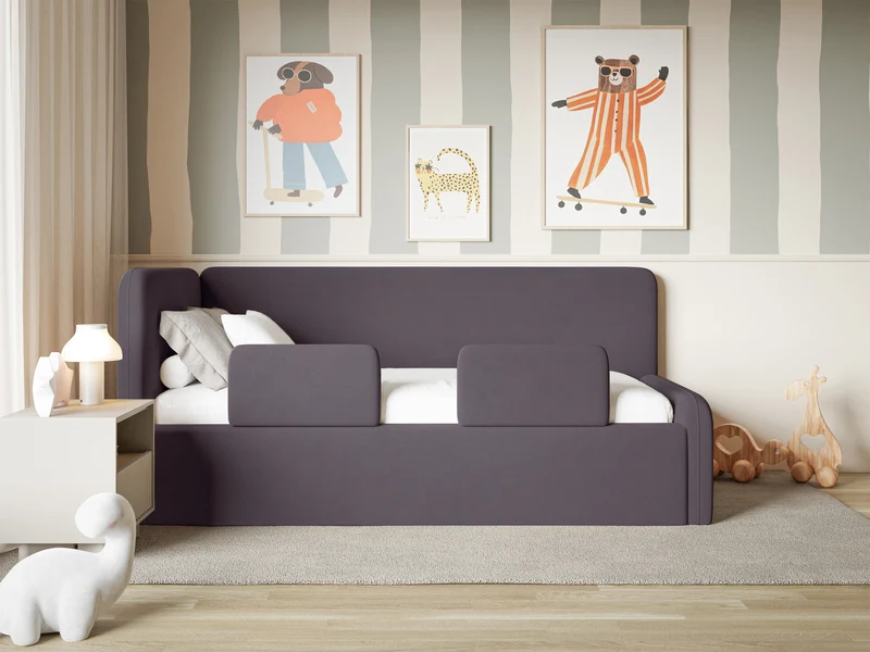 Jugendbett 120x200 cm Fanklo linksseitig mit Matratze, Stauraum und Geländern, violetter Velours, wasserabweisend und leicht zu reinigen