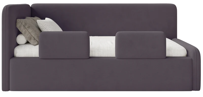 Jugendbett 120x200 cm Fanklo linksseitig mit Matratze, Stauraum und Geländern, violetter Velours, wasserabweisend und leicht zu reinigen