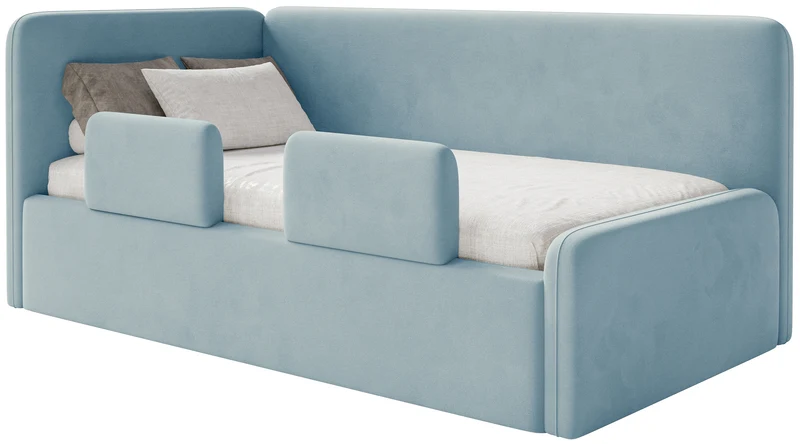 Jugendbett 120x200 cm Fanklo linksseitig mit Stauraum und blauen, wasserabweisenden, pflegeleichten Samtgeländern