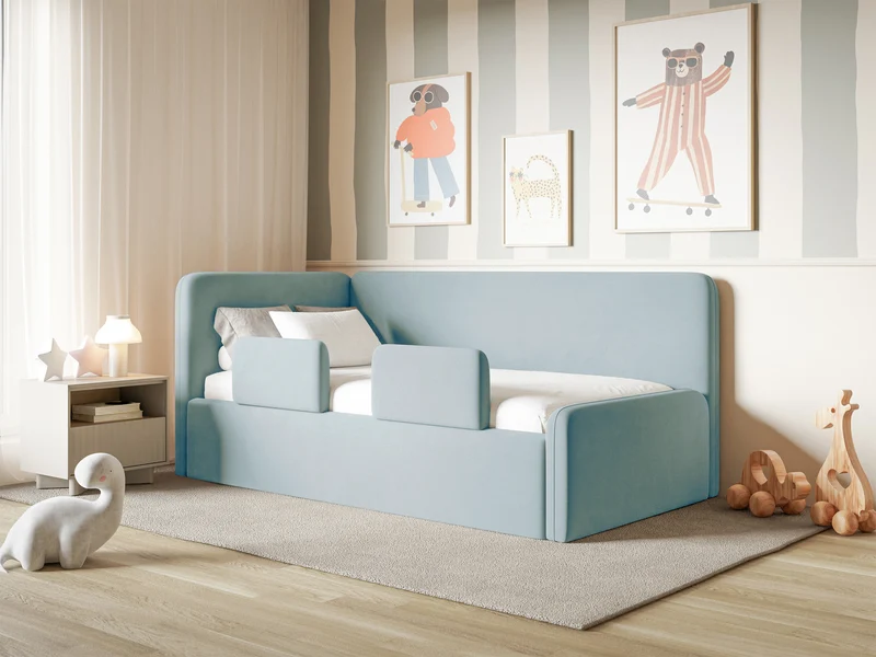 Jugendbett 120x200 cm Fanklo linksseitig mit Stauraum und blauen, wasserabweisenden, pflegeleichten Samtgeländern