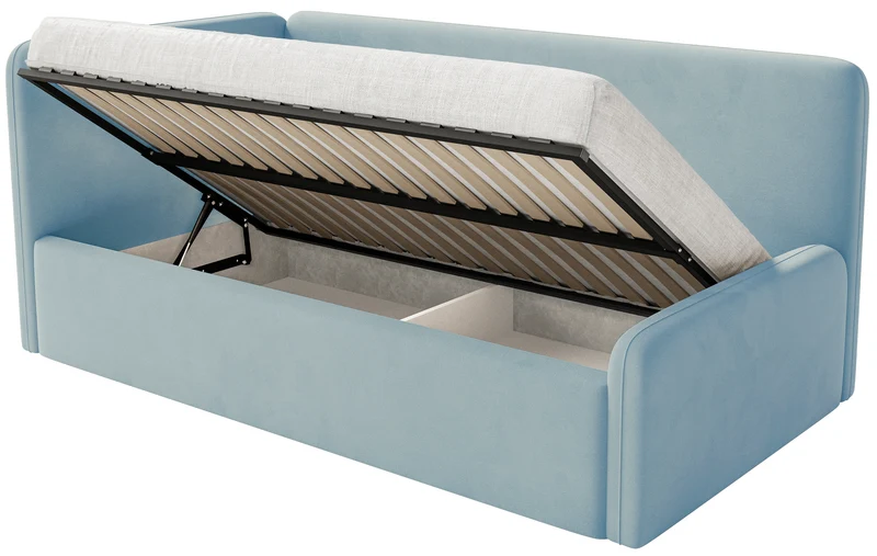 Jugendbett 120x200 cm Fanklo linksseitig mit Matratze und Stauraum, hellblauer Velours, wasserabweisend und leicht zu reinigen