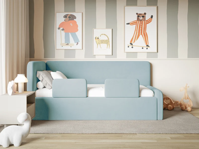 Jugendbett 120x200 cm Fanklo linksseitig mit Stauraum und blauen, wasserabweisenden, pflegeleichten Samtgeländern