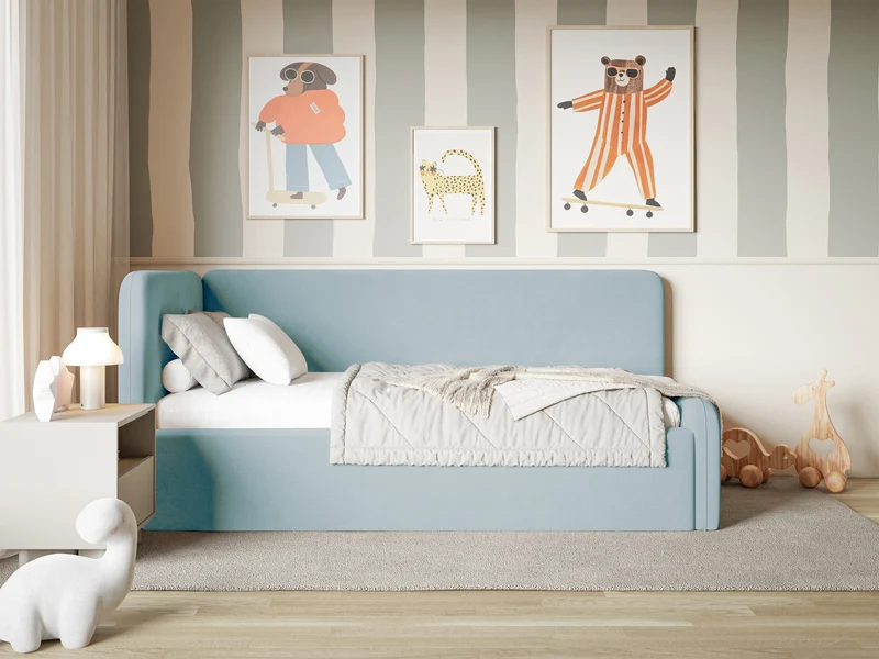 Jugendbett 120x200 cm Fanklo linksseitig mit Matratze und Stauraum, hellblauer Velours, wasserabweisend und leicht zu reinigen