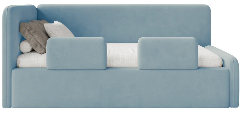 Jugendbett 120x200 cm Fanklo linksseitig mit Stauraum und blauen, wasserabweisenden, pflegeleichten Samtgeländern