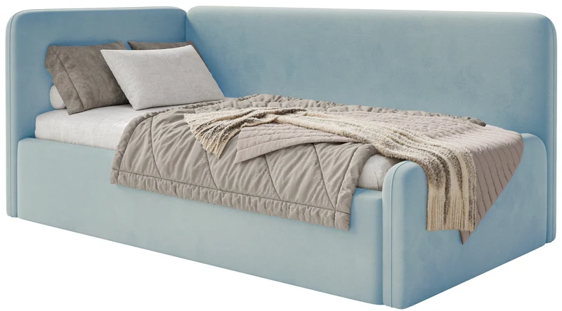 Jugendbett 120x200 cm Fanklo linksseitig mit Matratze und Stauraum, hellblauer Velours, wasserabweisend und leicht zu reinigen