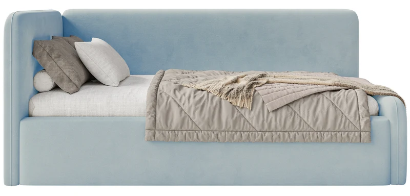 Jugendbett 120x200 cm Fanklo linksseitig mit Matratze und Stauraum, hellblauer Velours, wasserabweisend und leicht zu reinigen