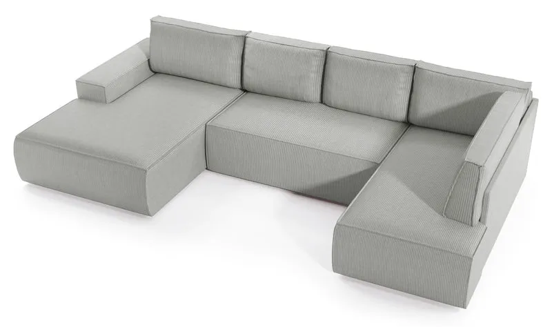 Ecksofa mit Schlaffunktion Farese New U-förmig mit Stauraum, linksseitig, hellgrauer Cordstoff