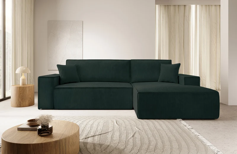 Ecksofa mit Schlaffunktion Farese New L-förmig mit Stauraum, grüner Cord, rechtsseitig
