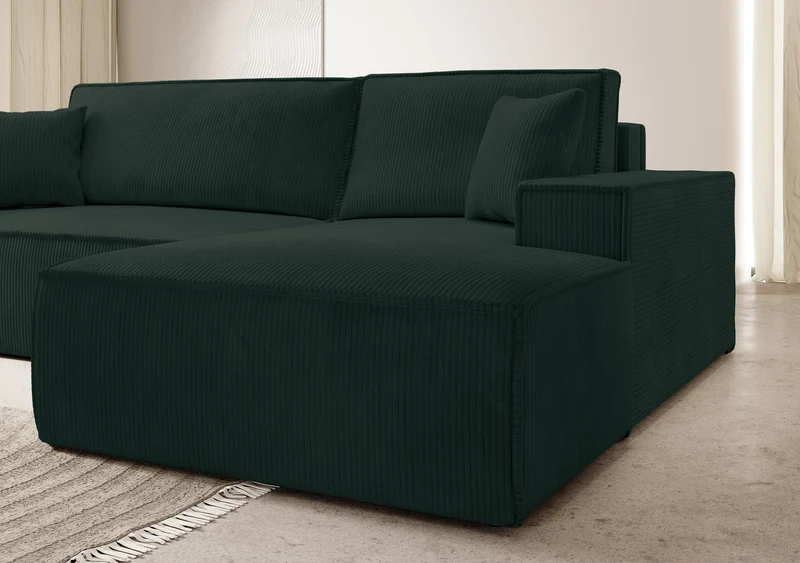 Ecksofa mit Schlaffunktion Farese New L-förmig mit Stauraum, grüner Cord, rechtsseitig