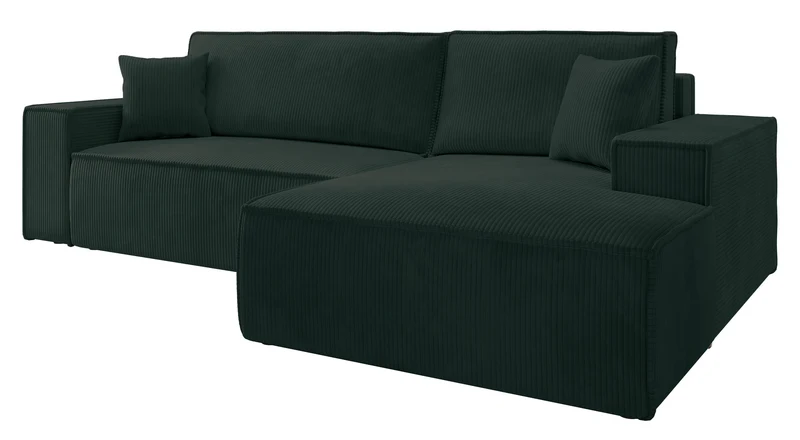 Ecksofa mit Schlaffunktion Farese New L-förmig mit Stauraum, grüner Cord, rechtsseitig